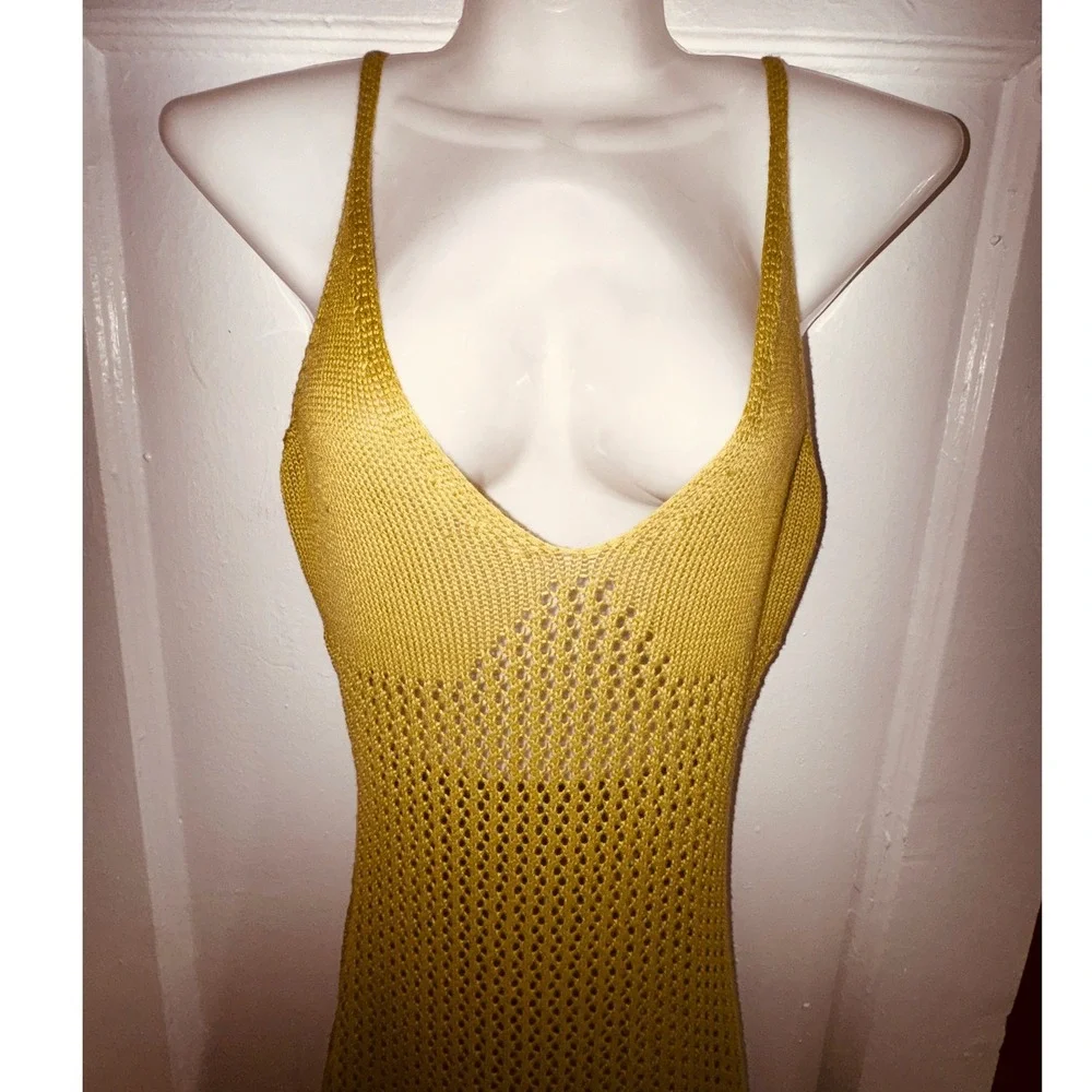 Y2k Mustard Yellow Crochet Knit Ruffle Hem Sexy Babydoll‎ Dress Large Party Club